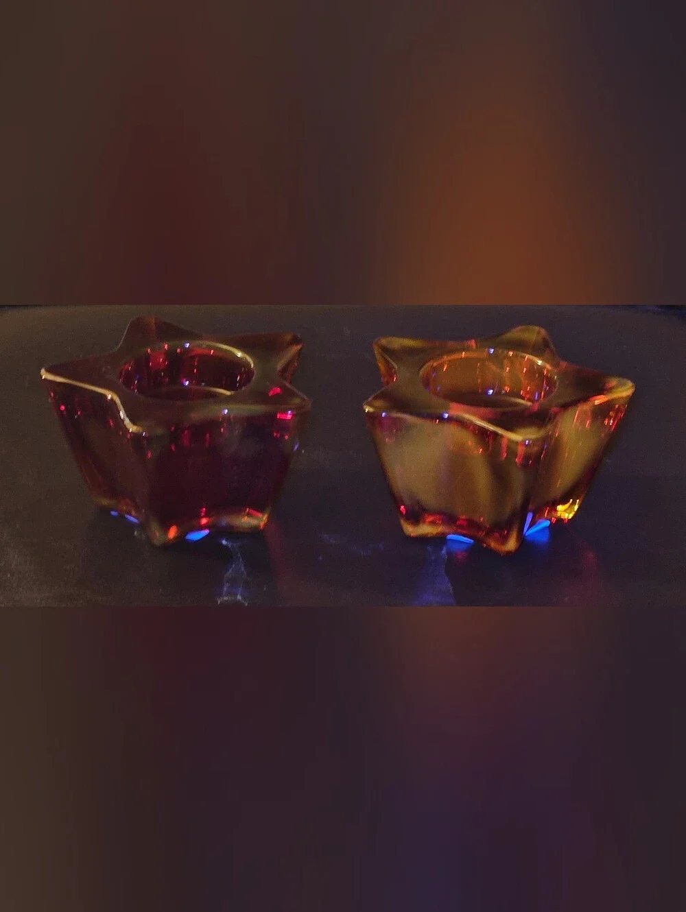 Libbey Red Amber Star Glass Tealight Holders - Pair